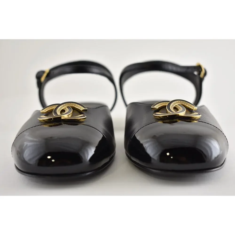 Chanel 25P Black Patent Gold CC Slingback Ankle Strap Ballerina Ballet Flat 37
